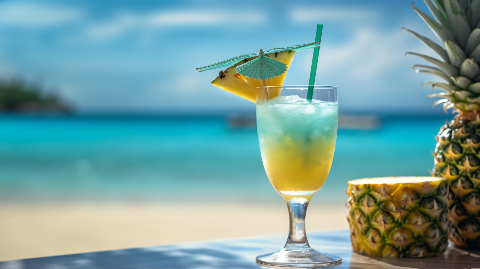 pineapple drink in cocktail glass and sand beach scene 126