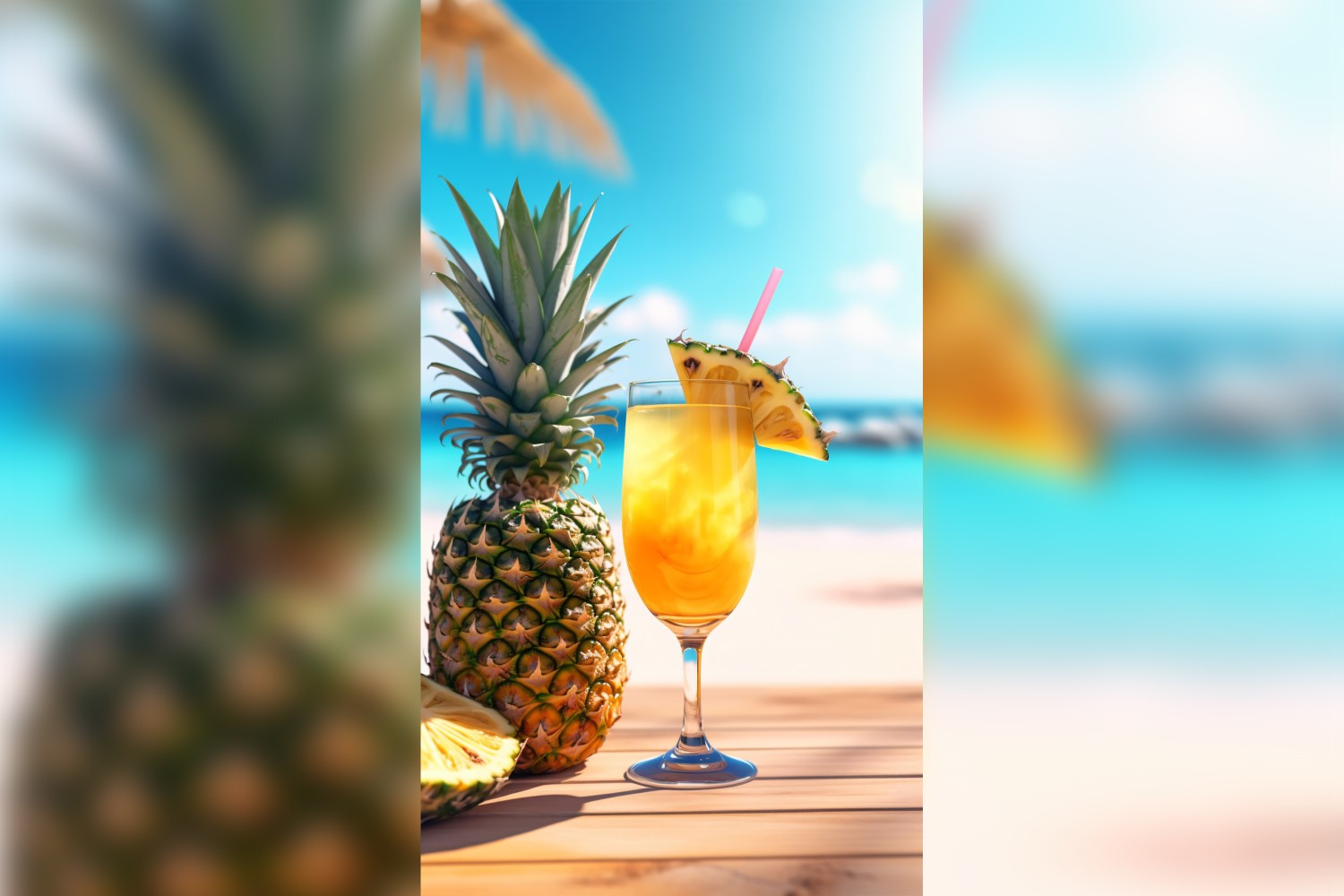pineapple drink in cocktail glass and sand beach scene 135