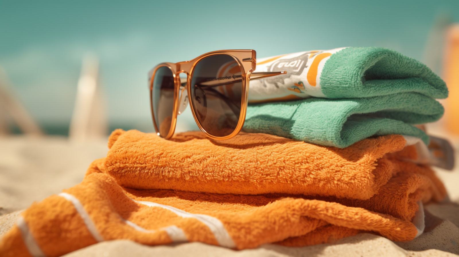 Stack of towels, sunglasses and tanning oil bottle 111