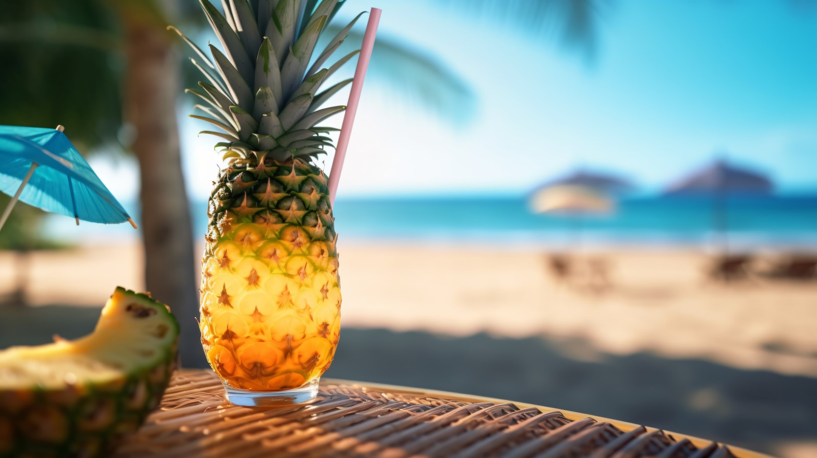 pineapple drink in cocktail glass and sand beach scene 128