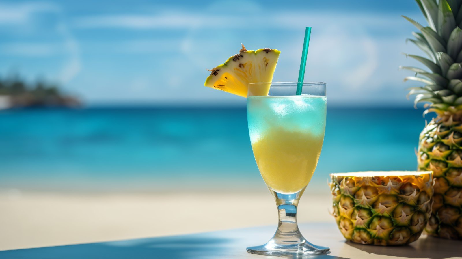 pineapple drink in cocktail glass and sand beach scene 133