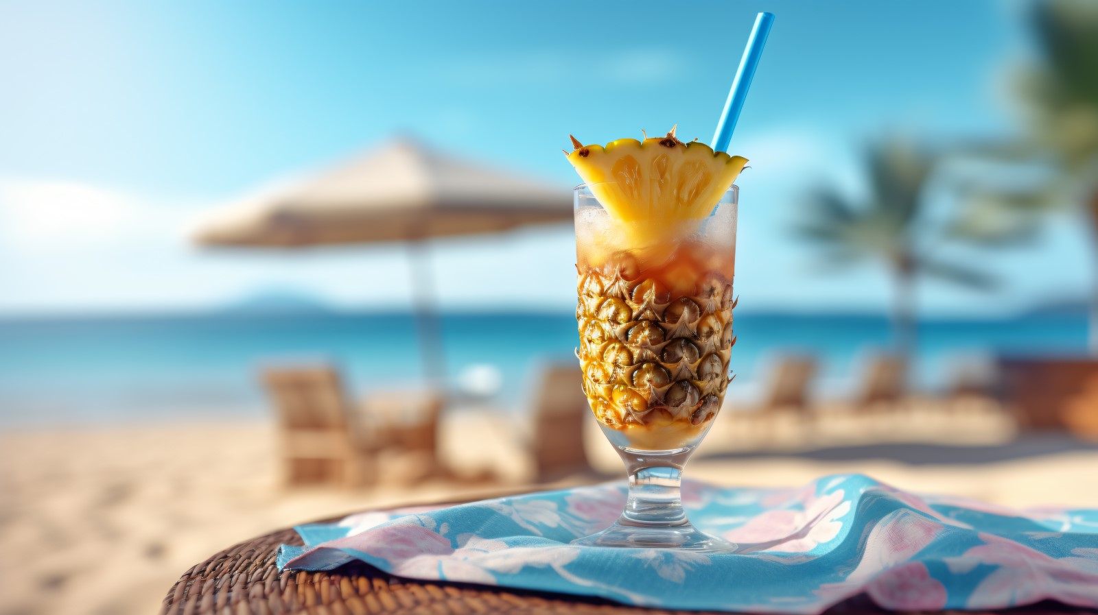 pineapple drink in cocktail glass and sand beach scene 138
