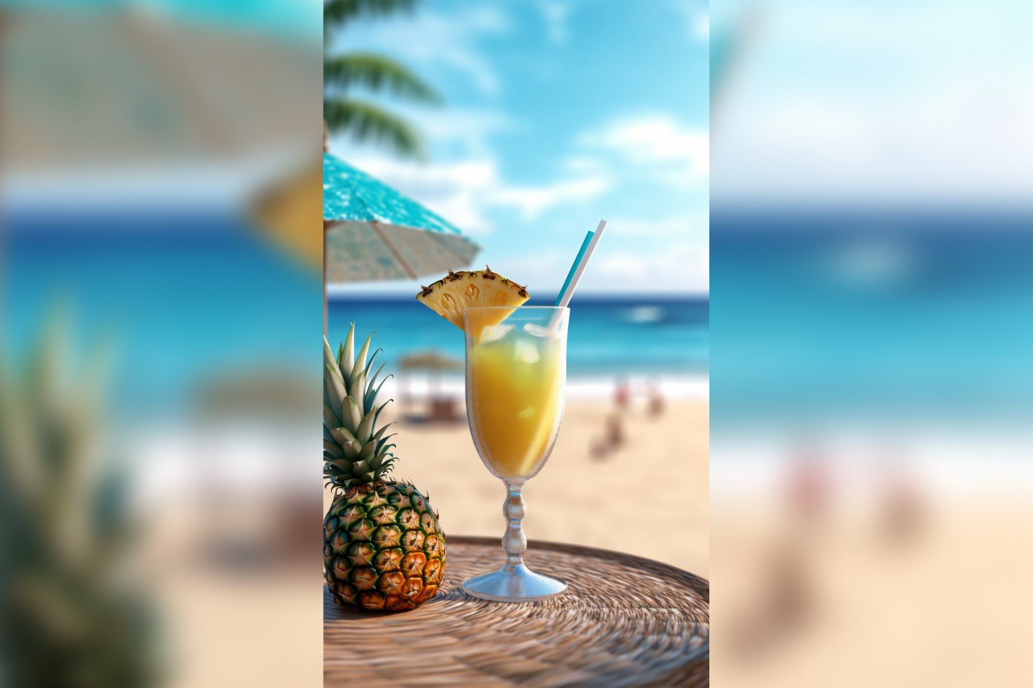 pineapple drink in cocktail glass and sand beach scene 123