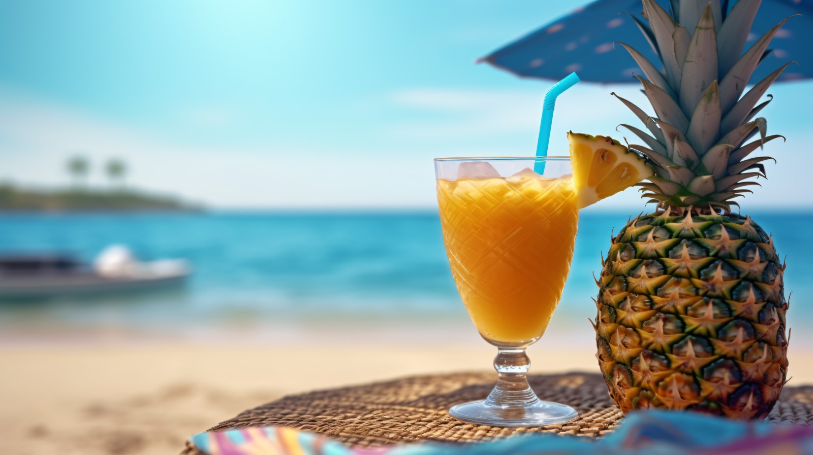 pineapple drink in cocktail glass and sand beach scene 127