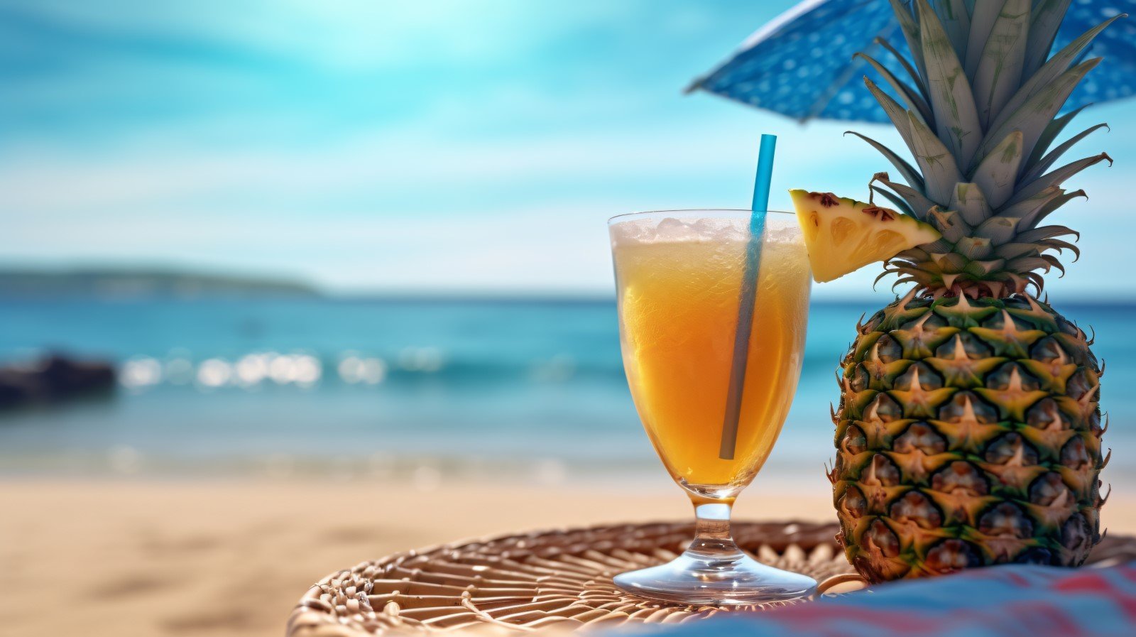 pineapple drink in cocktail glass and sand beach scene 140