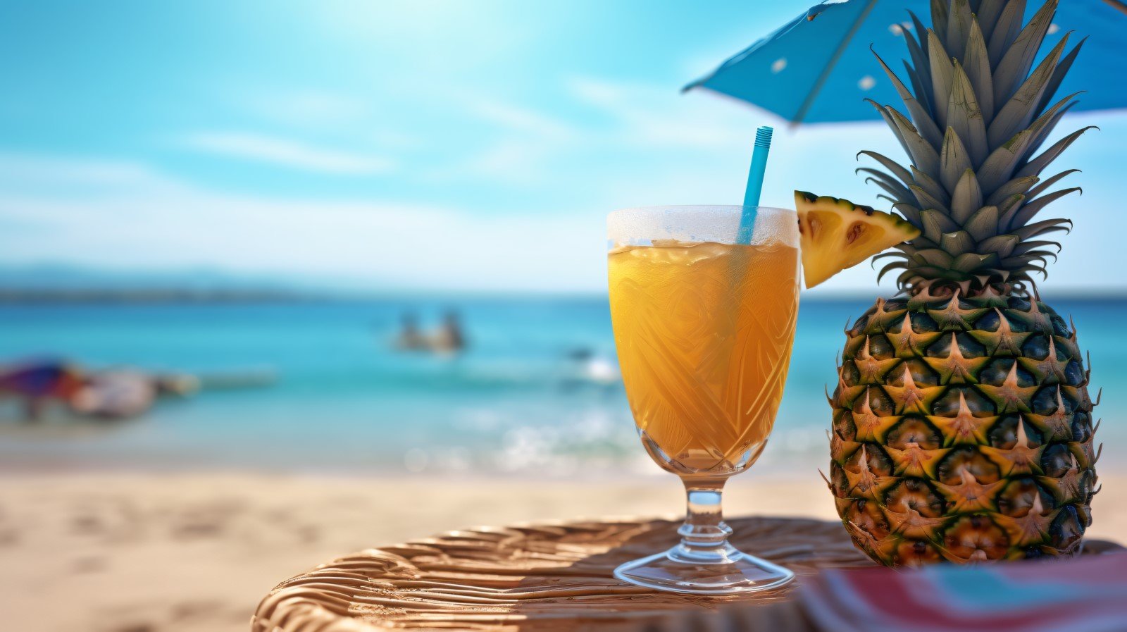 pineapple drink in cocktail glass and sand beach scene 116