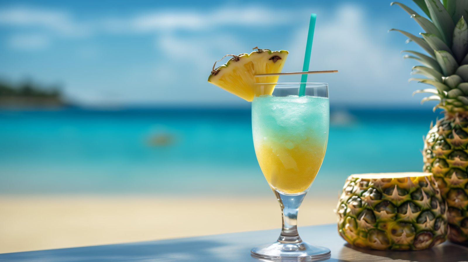 pineapple drink in cocktail glass and sand beach scene 121