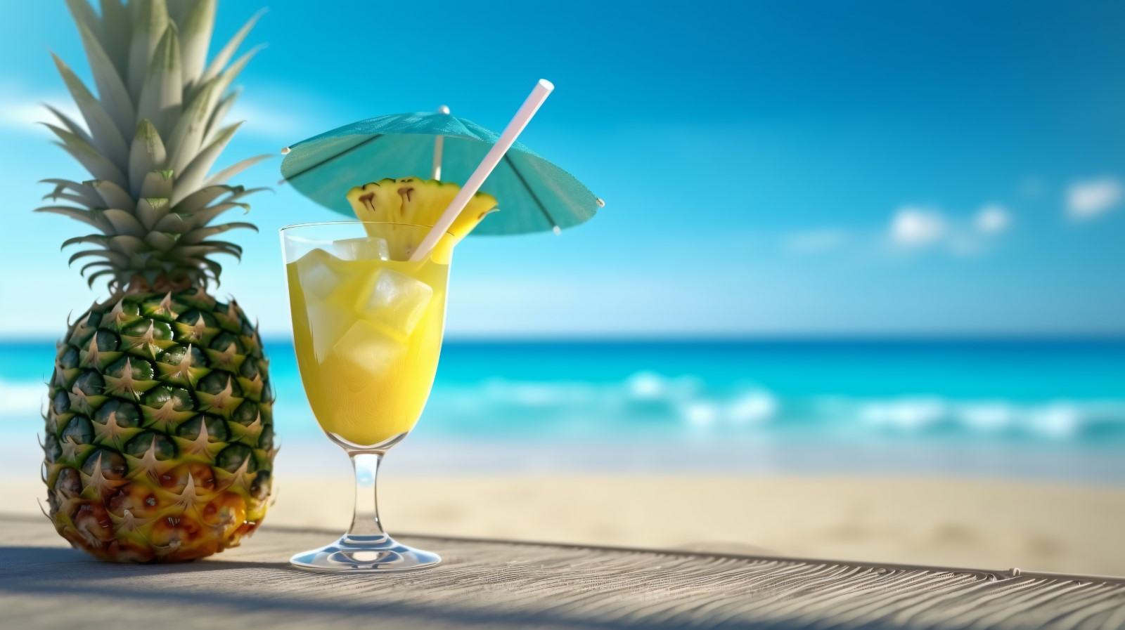 pineapple drink in cocktail glass and sand beach scene 129