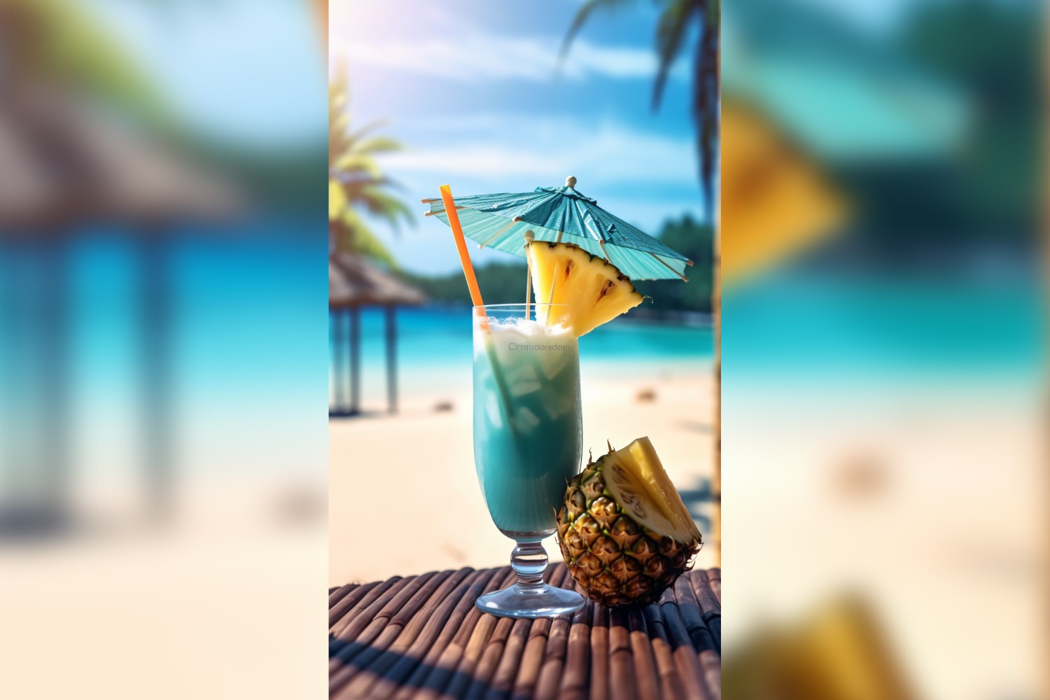 pineapple drink in cocktail glass and sand beach scene 124