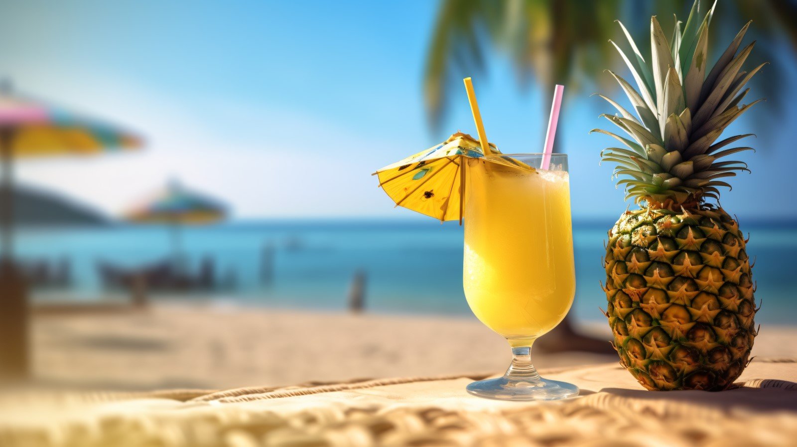 pineapple drink in cocktail glass and sand beach scene 143