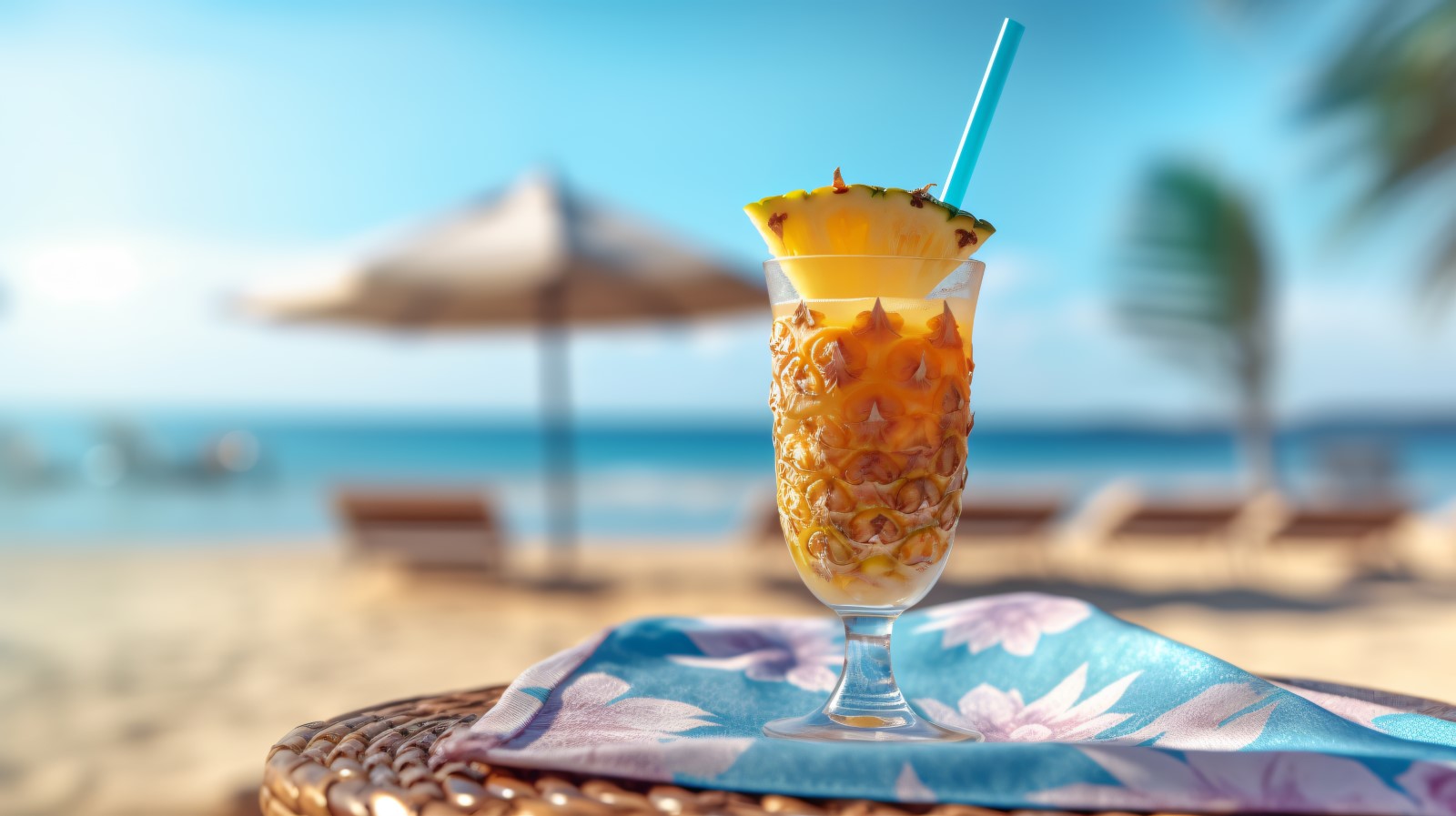 pineapple drink in cocktail glass and sand beach scene 144