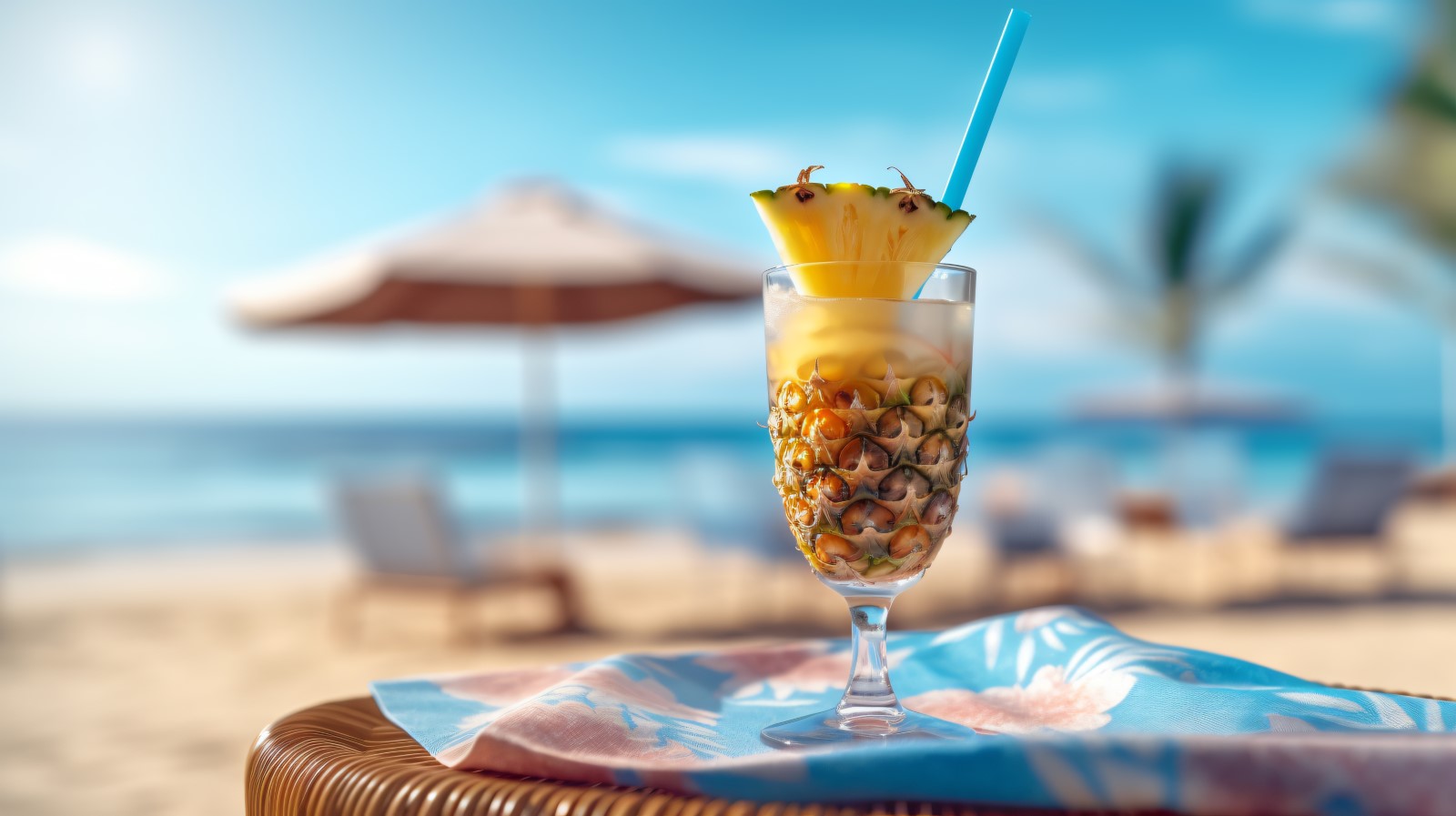 pineapple drink in cocktail glass and sand beach scene 142