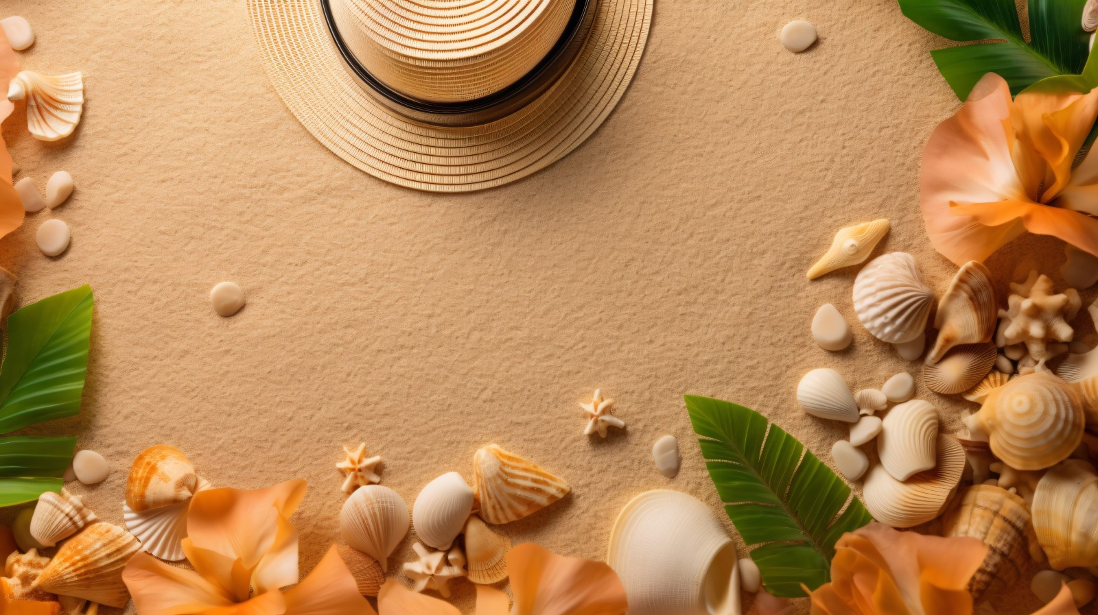 beach accessories hat sunglasses seashells and monstera leaf 145