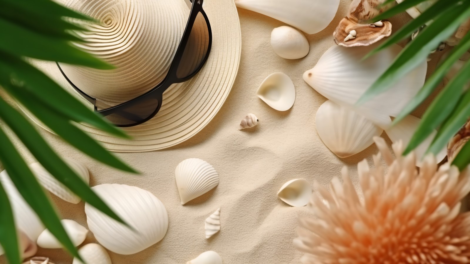 beach accessories hat sunglasses seashells and monstera leaf 156