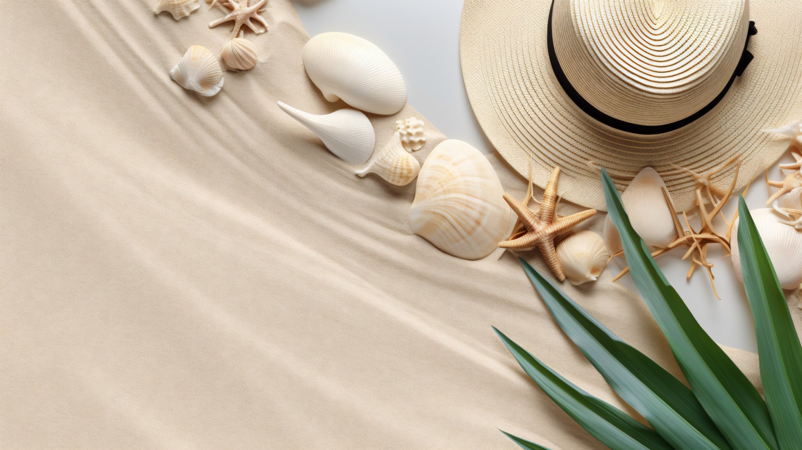 beach accessories hat sunglasses seashells and monstera leaf 154