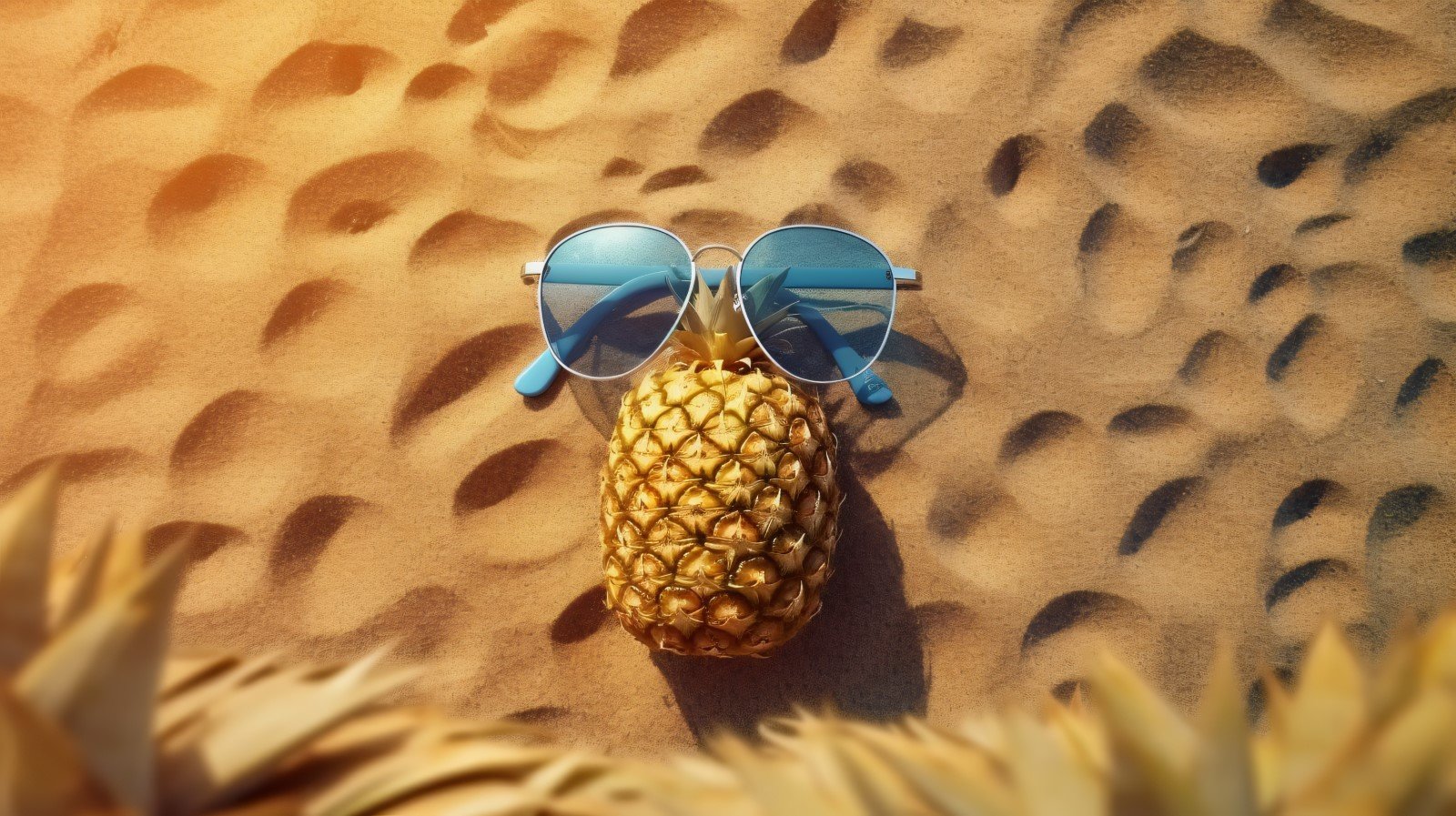 Halved pineapple and a sunglass kept on the sand 163