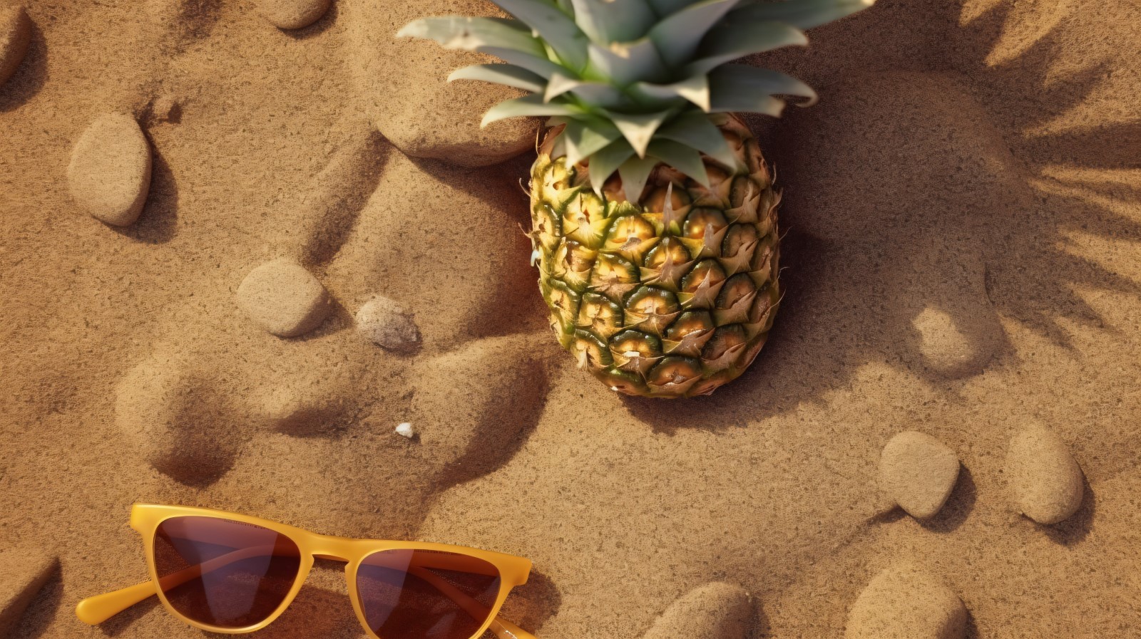 Halved pineapple and a sunglass kept on the sand 164