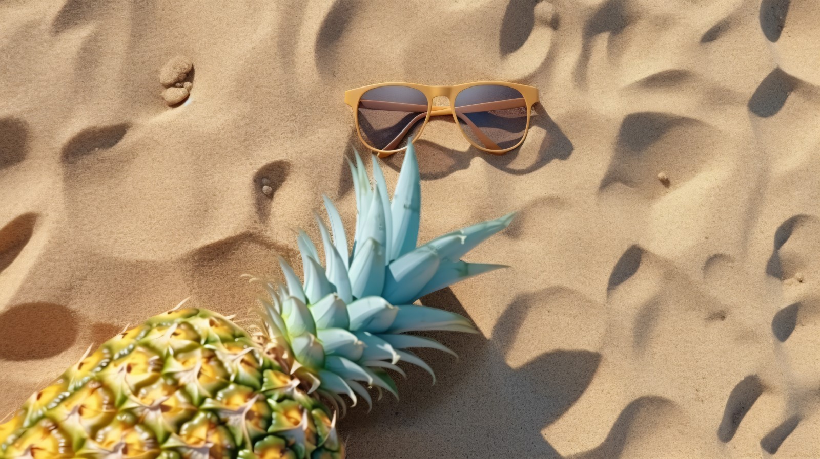 Halved pineapple and a sunglass kept on the sand 167
