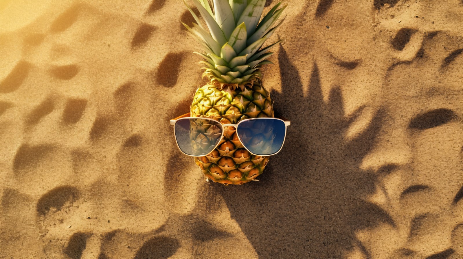 Halved pineapple and a sunglass kept on the sand 166