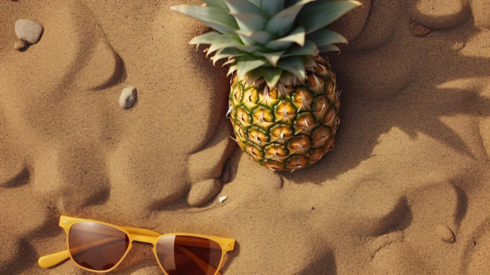 Halved pineapple and a sunglass kept on the sand 169