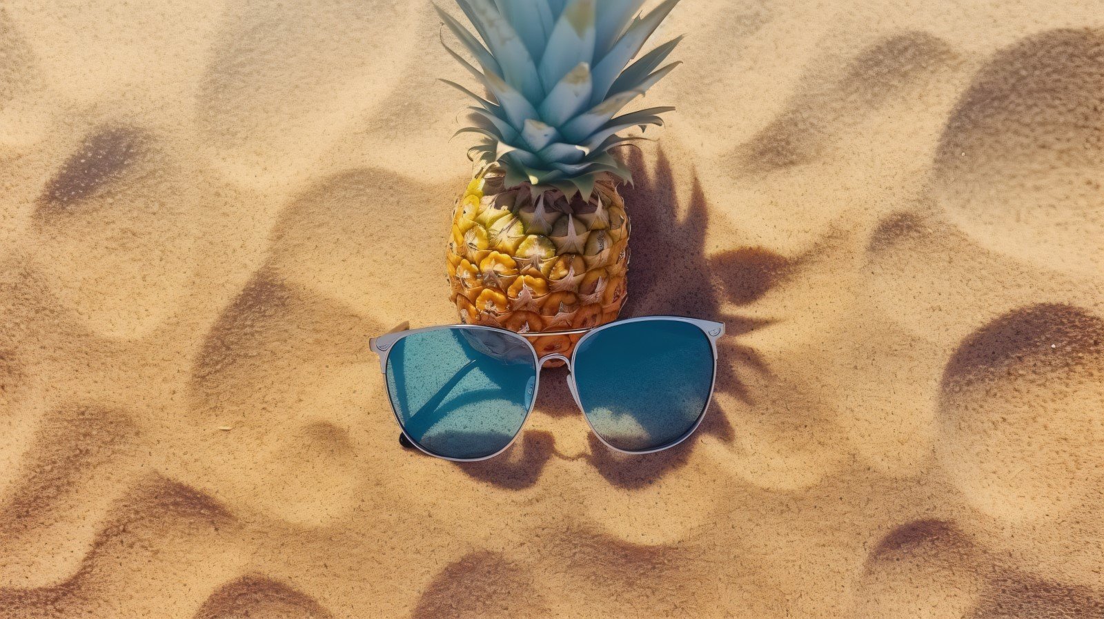 Halved pineapple and a sunglass kept on the sand 168