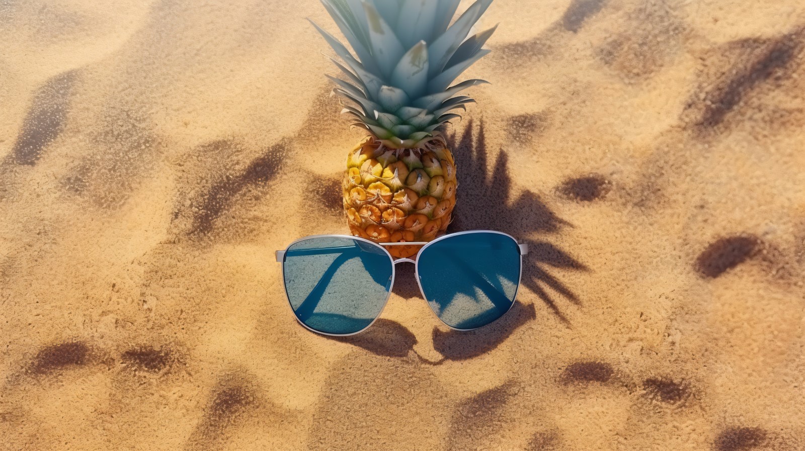 Halved pineapple and a sunglass kept on the sand 177
