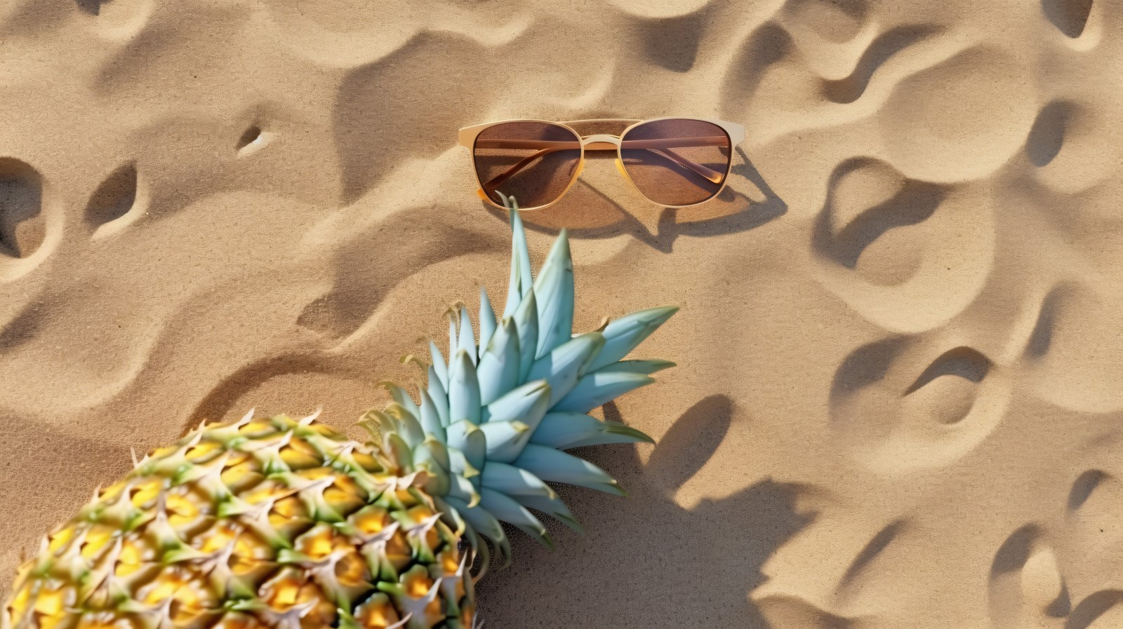 Halved pineapple and a sunglass kept on the sand 178