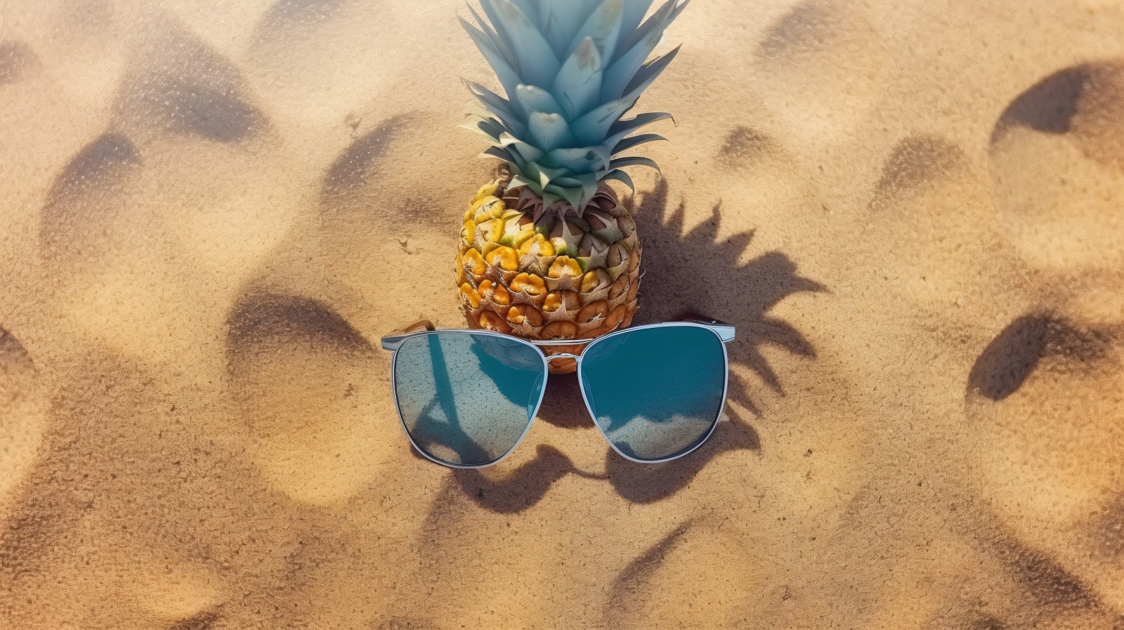 Halved pineapple and a sunglass kept on the sand 182