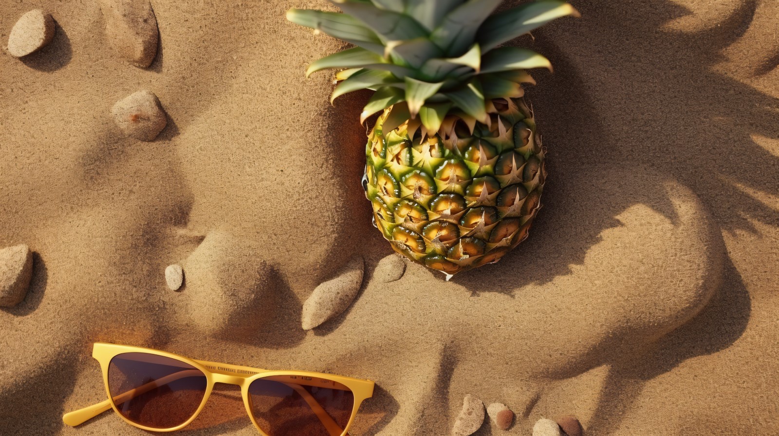 Halved pineapple and a sunglass kept on the sand 183