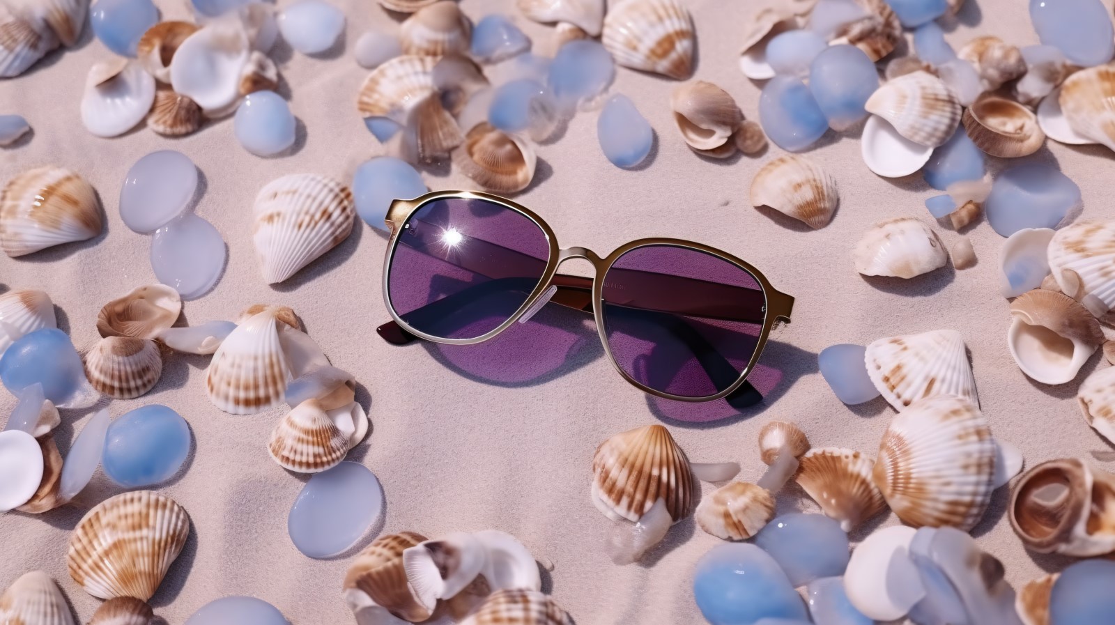 Sunglasses seashells and beach accessories on sandy beach 189