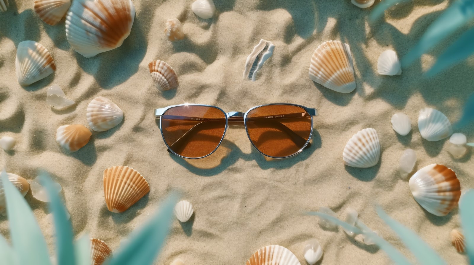 Sunglasses seashells and beach accessories on sandy beach 188