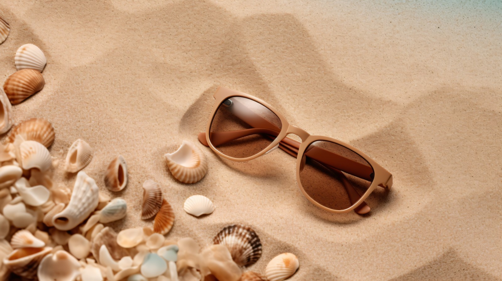 Sunglasses seashells and beach accessories on sandy beach 187
