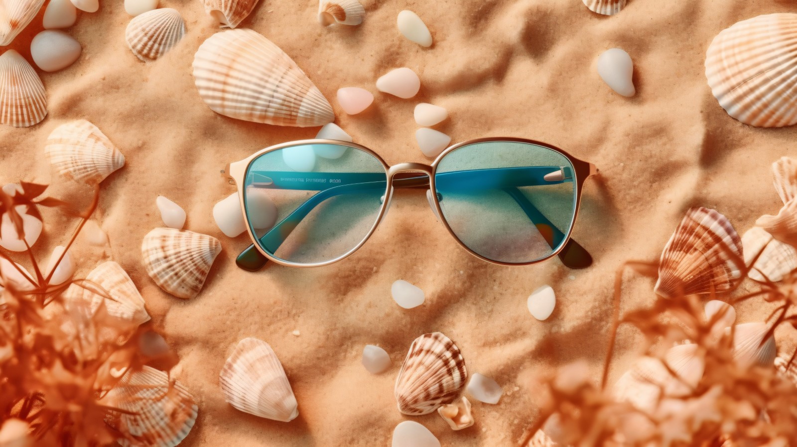 Sunglasses seashells and beach accessories on sandy beach 190