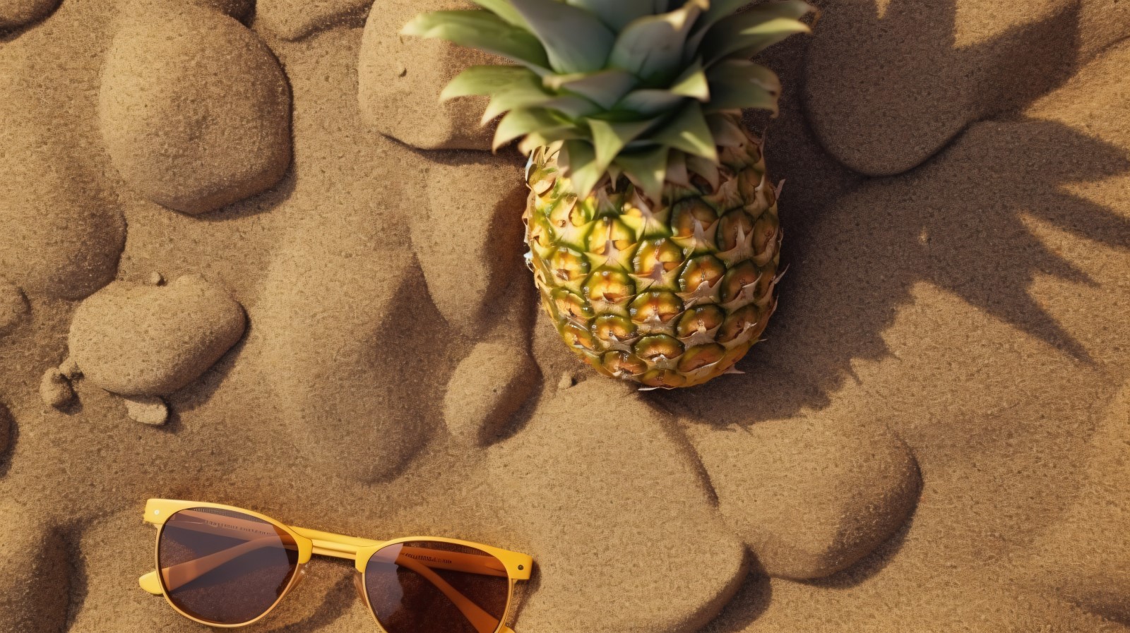 Halved pineapple and a sunglass kept on the sand 180