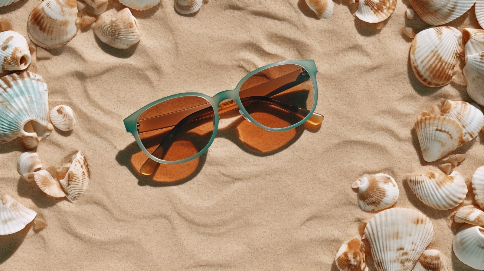 Sunglasses seashells and beach accessories on sandy beach 191