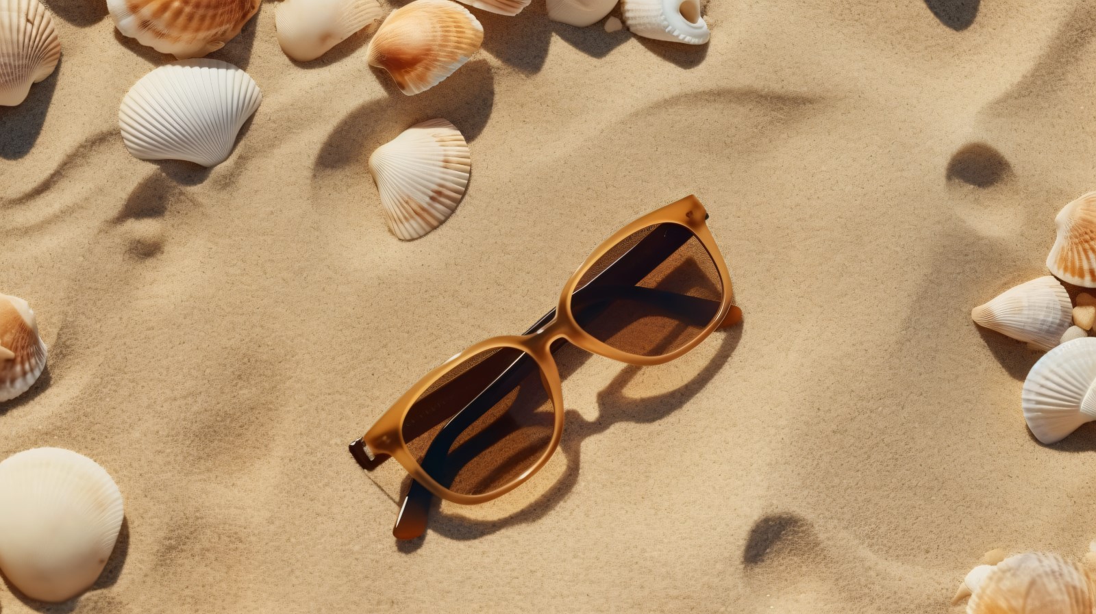 Sunglasses seashells and beach accessories on sandy beach 193