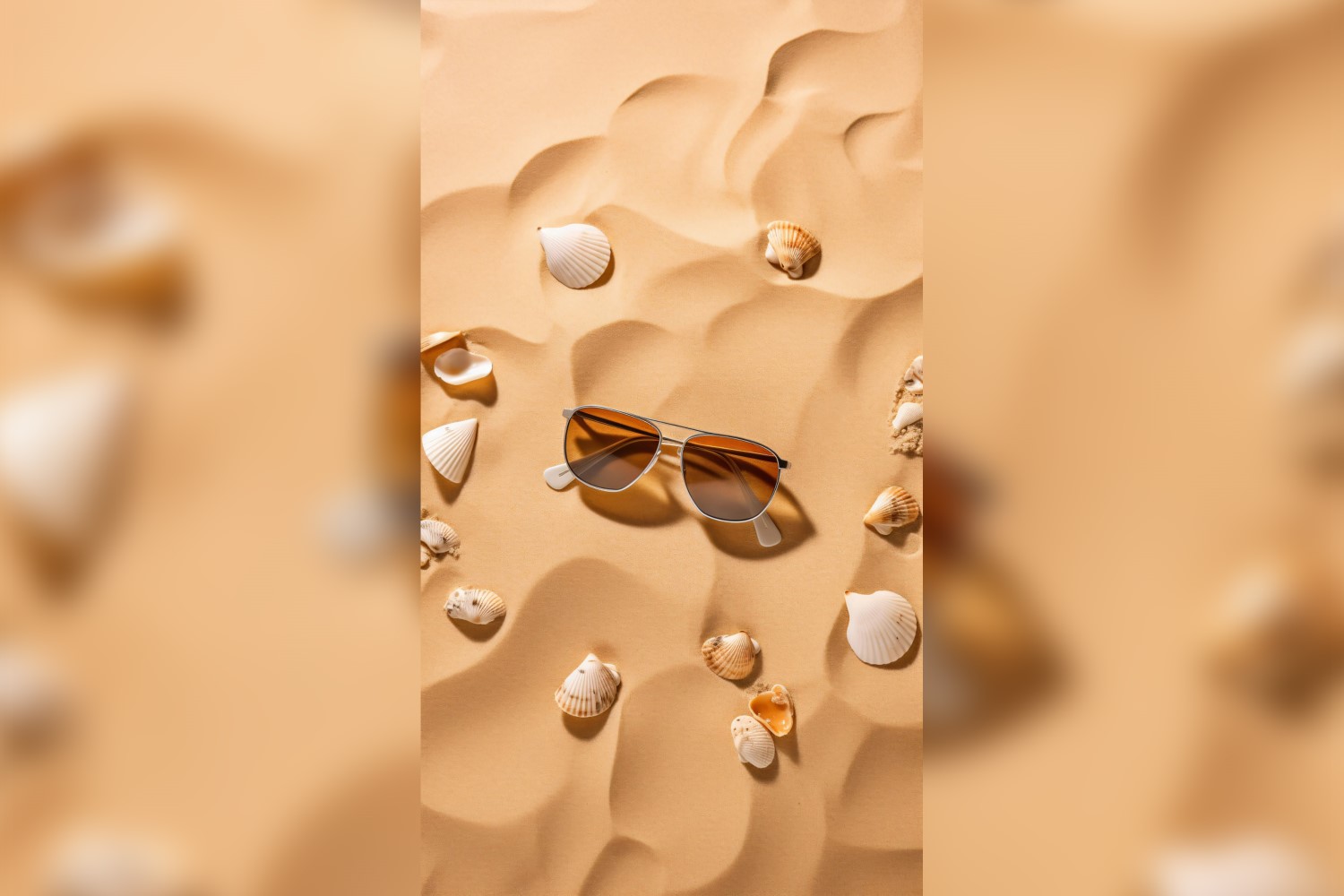 Sunglasses seashells and beach accessories on sandy beach 195