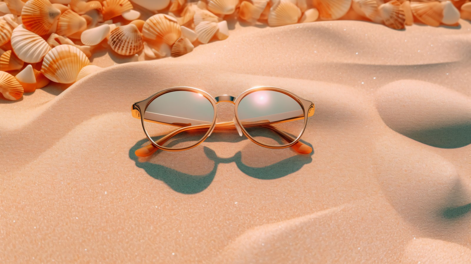 Sunglasses seashells and beach accessories on sandy beach 197