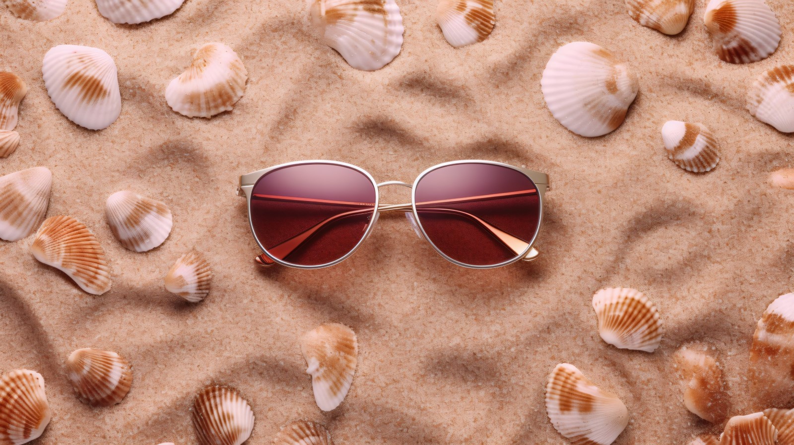 Sunglasses seashells and beach accessories on sandy beach 194