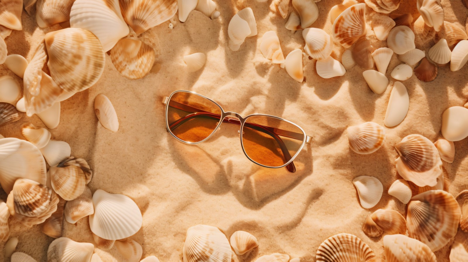 Sunglasses seashells and beach accessories on sandy beach 196