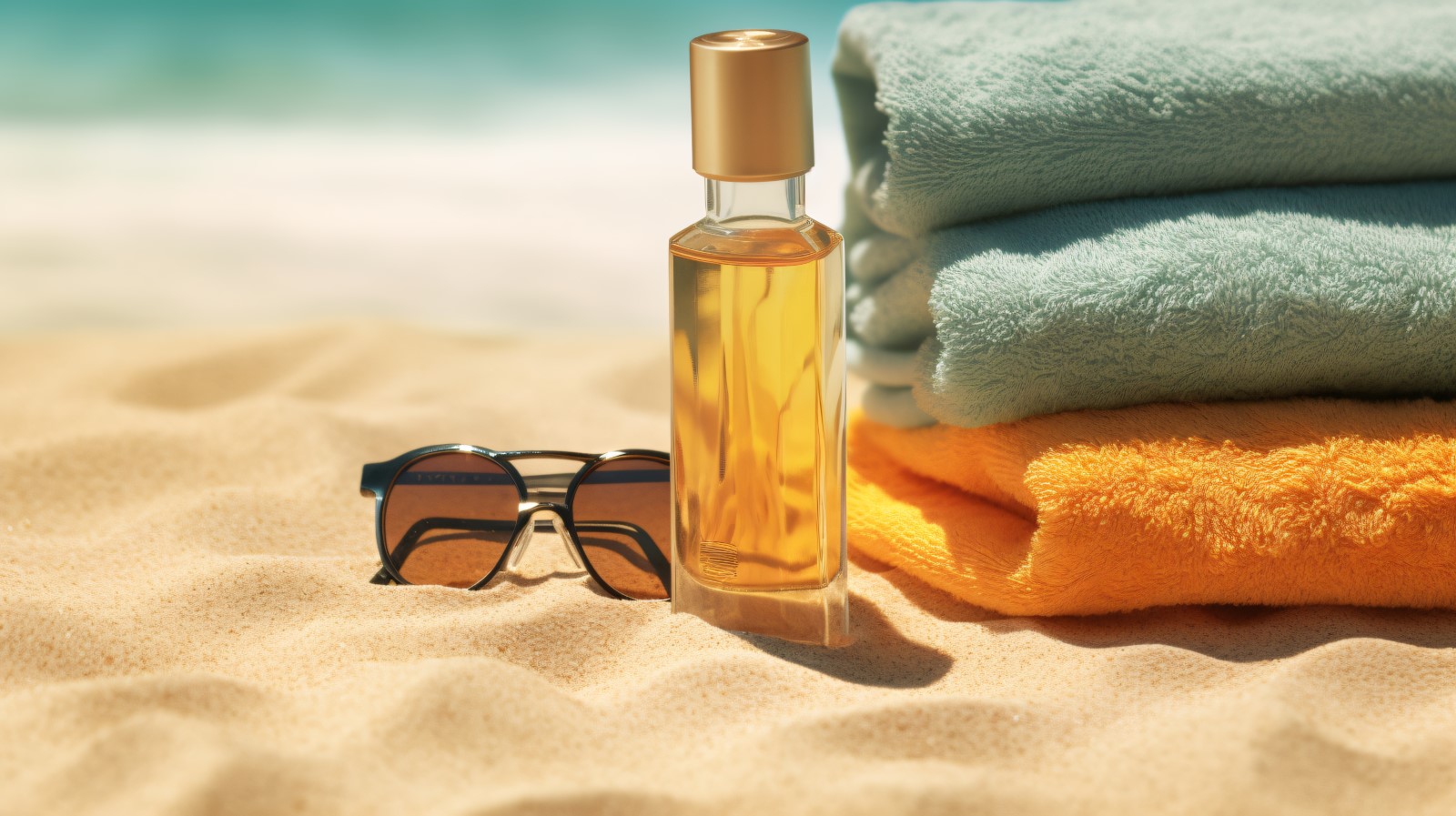 Stack of towels, sunglasses and tanning oil bottle 203