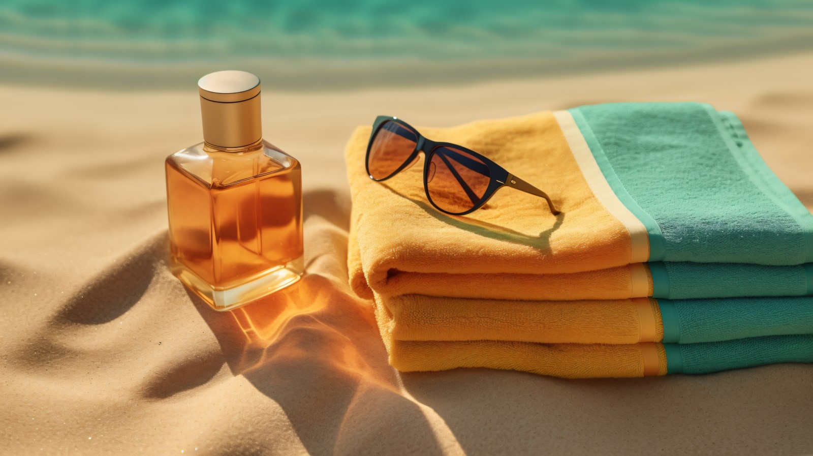 Stack of towels, sunglasses and tanning oil bottle 204