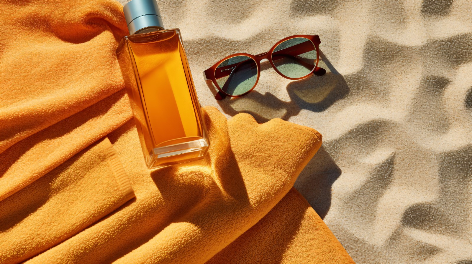 Stack of towels, sunglasses and tanning oil bottle 202