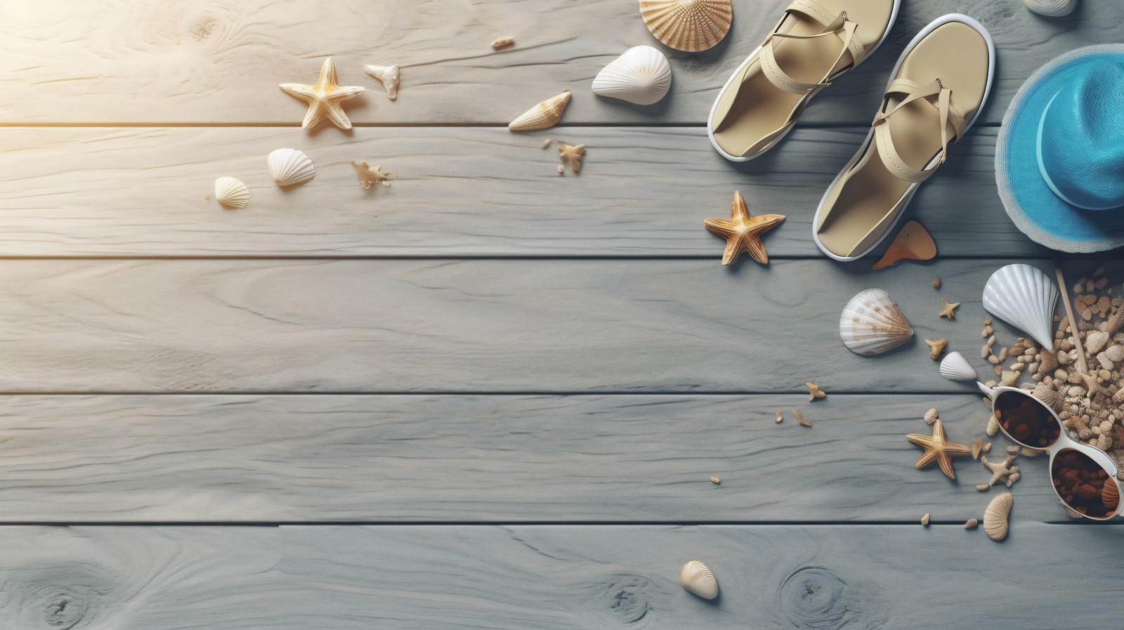 Beach accessories starfish and seashell on wooden background 205