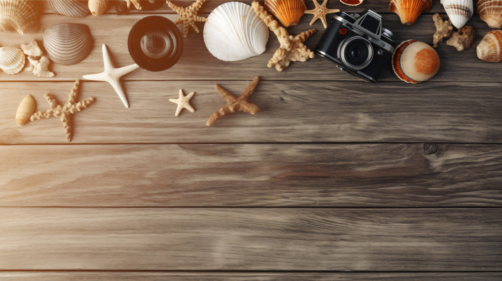 Beach accessories starfish and seashell on wooden background 206