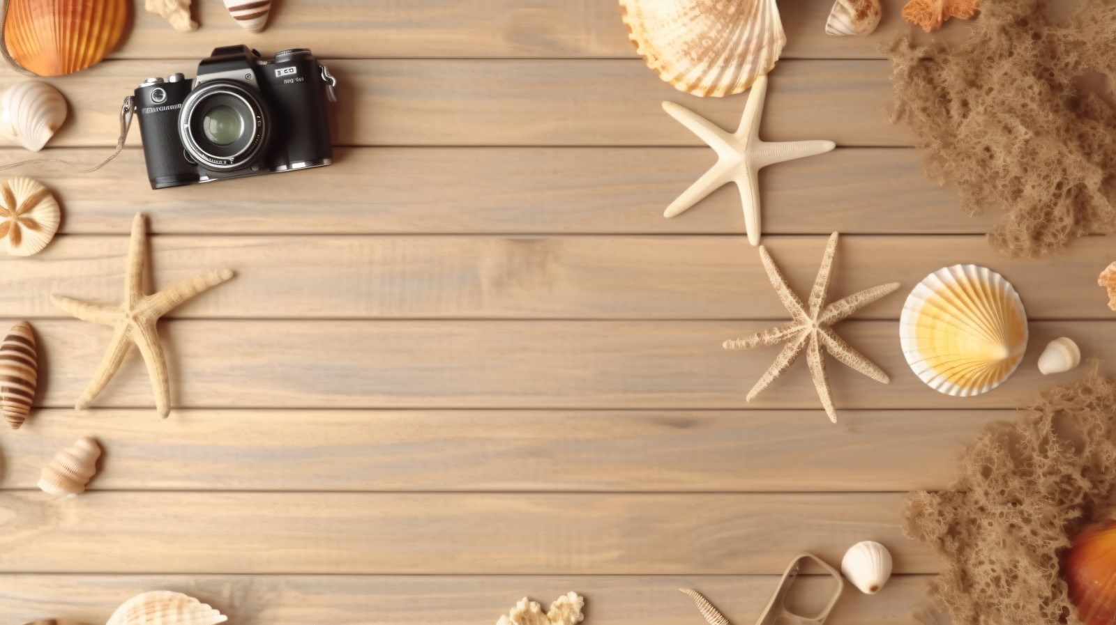 Beach accessories starfish and seashell on wooden background 218