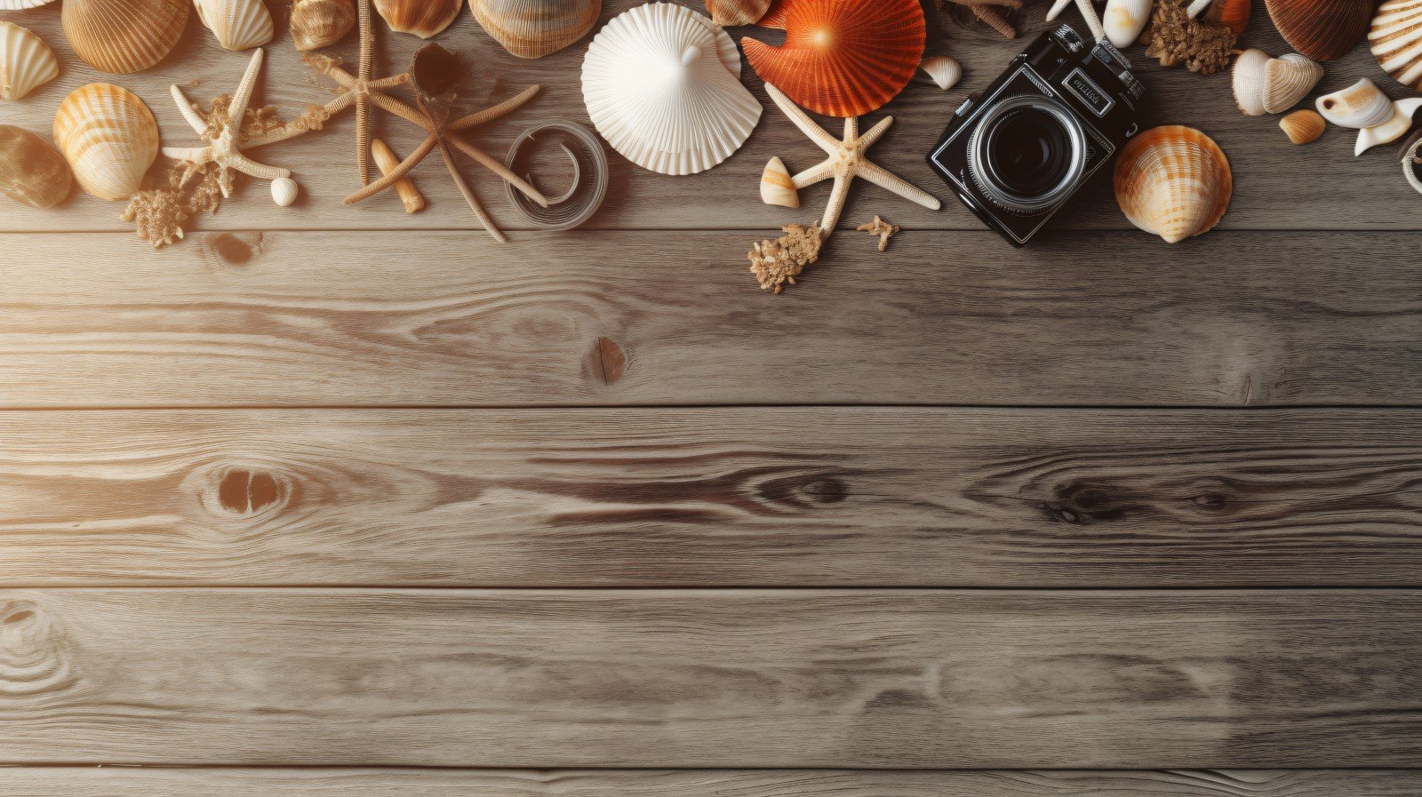 Beach accessories starfish and seashell on wooden background 221