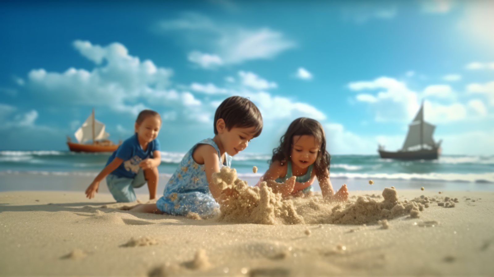 Kids playing with sand in beach scene 228