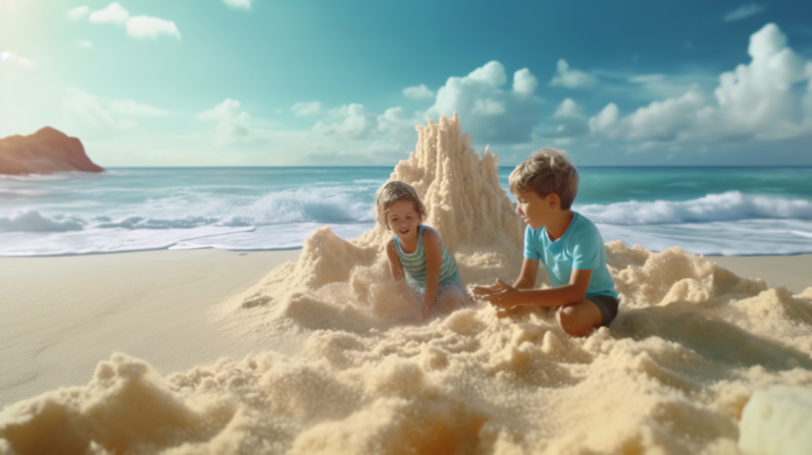 Kids playing with sand in beach scene 230