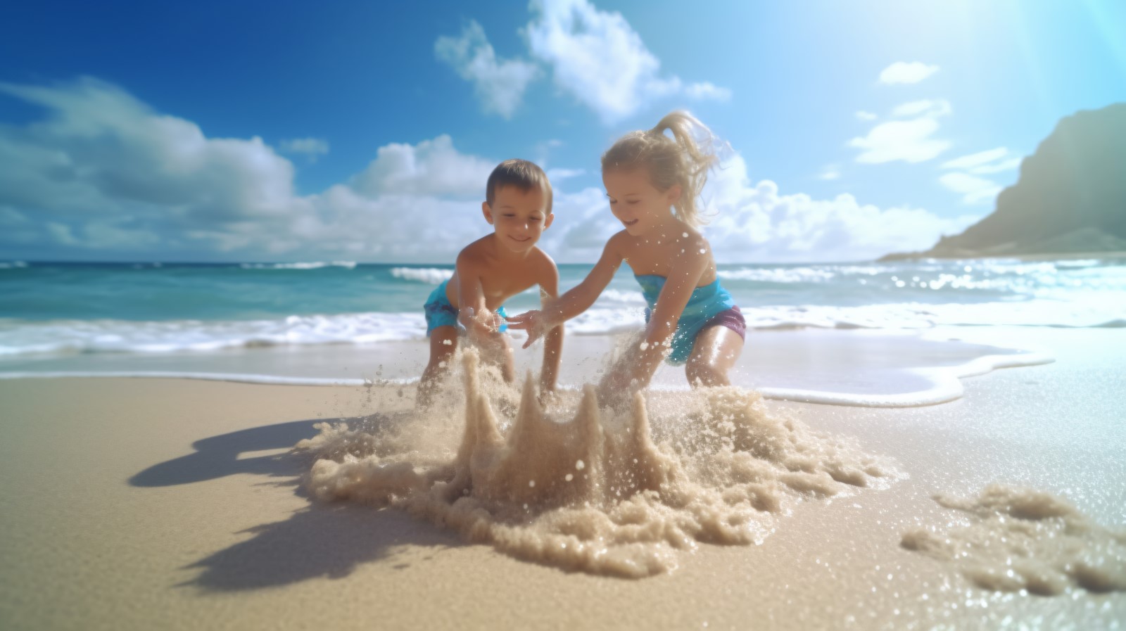 Kids playing with sand in beach scene 231